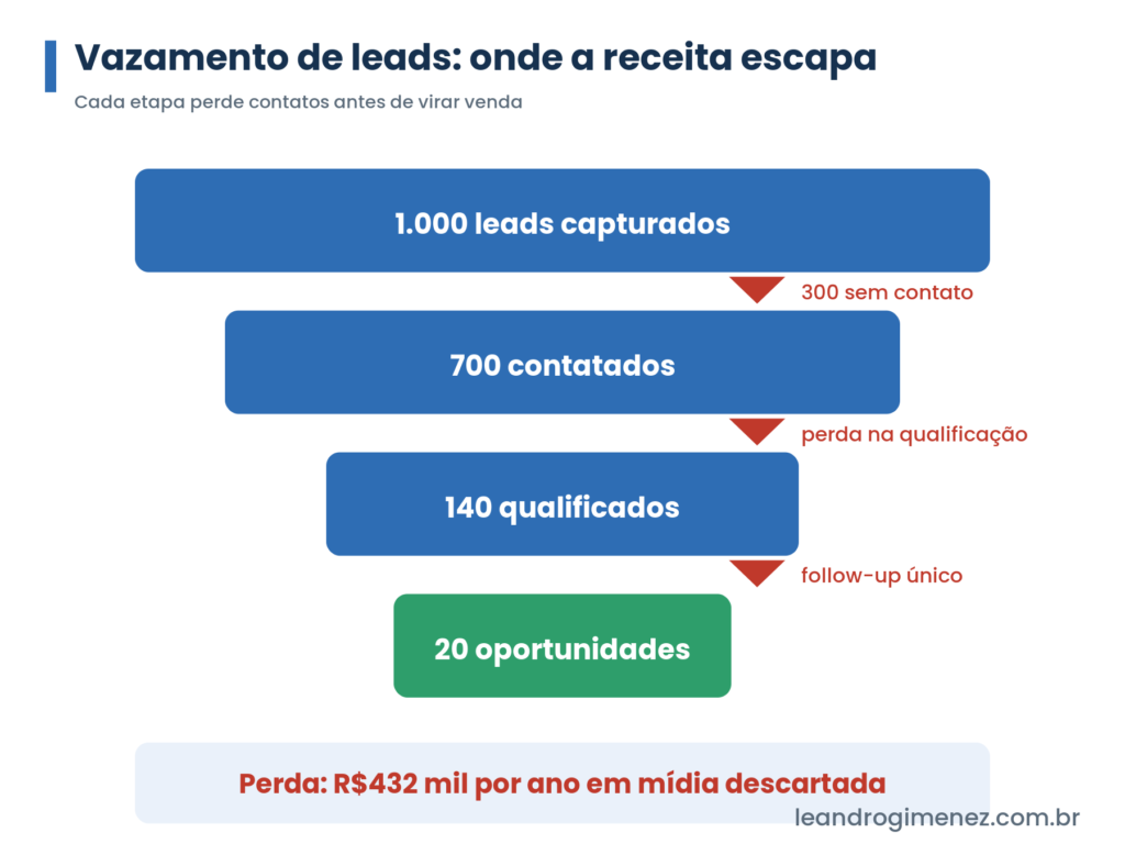Funil de vendas mostrando vazamento de leads em cada etapa, com perda de R32 mil por ano em mídia descartada